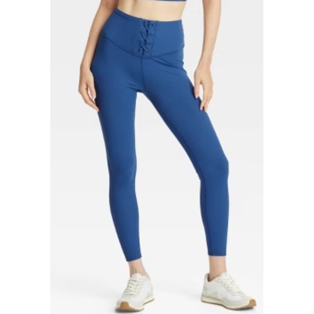 Women's High Rise Lace-Up Detail Ribbed 7/8 Leggings - JoyLab  Blue XS